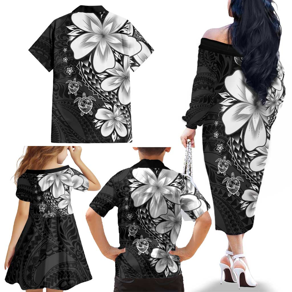 Polynesia Romantic Valentine Family Matching Off The Shoulder Long Sleeve Dress and Hawaiian Shirt Sea Turtle Couple With Black Plumeria LT05 - Polynesian Pride