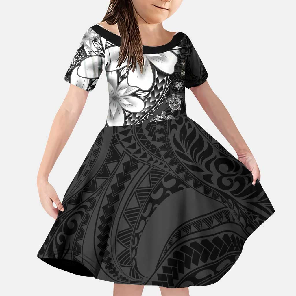 Polynesia Romantic Valentine Family Matching Off Shoulder Short Dress and Hawaiian Shirt Sea Turtle Couple With Black Plumeria LT05 Daughter's Dress Black - Polynesian Pride
