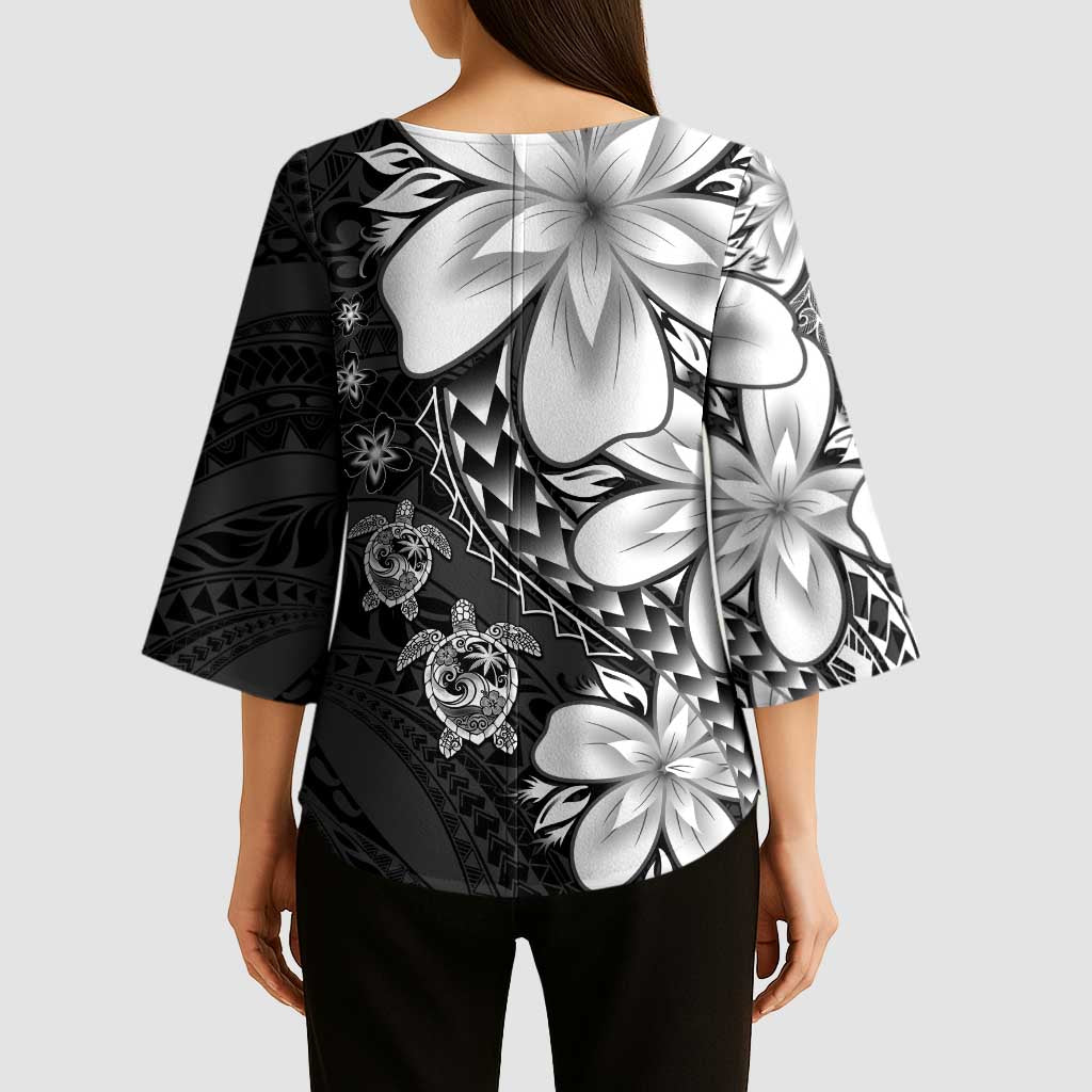 Polynesia Romantic Valentine Kimono Sleeve Blouse Sea Turtle Couple With Black Plumeria