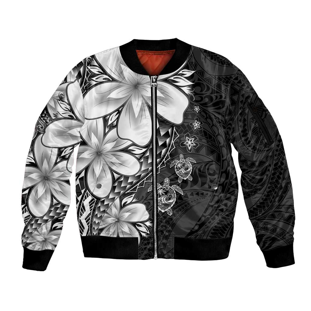 Polynesia Romantic Valentine Sleeve Zip Bomber Jacket Sea Turtle Couple With Black Plumeria