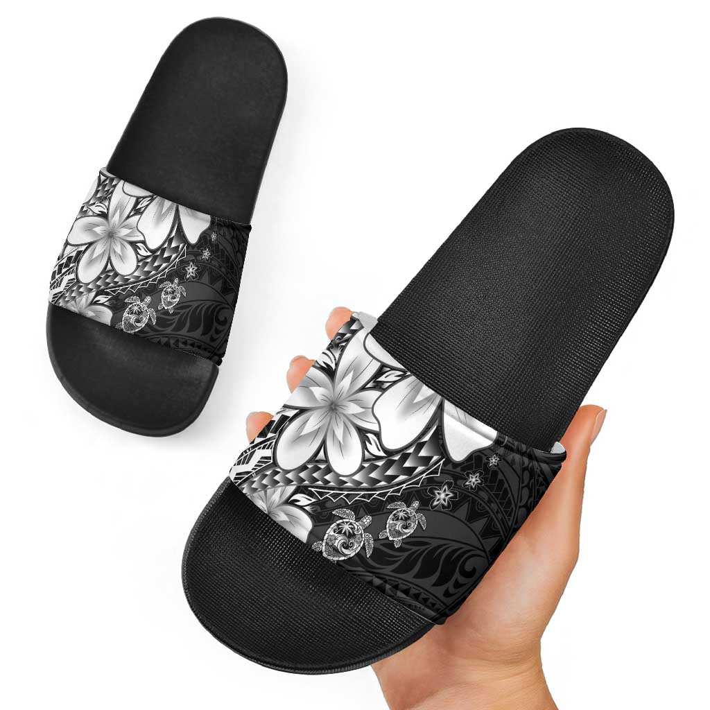 Polynesia Romantic Valentine Slide Sandals Sea Turtle Couple With Black Plumeria