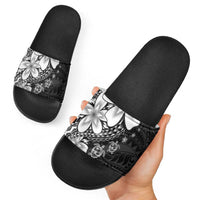 Polynesia Romantic Valentine Slide Sandals Sea Turtle Couple With Black Plumeria