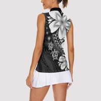 Polynesia Romantic Valentine Women Sleeveless Polo Shirt Sea Turtle Couple With Black Plumeria