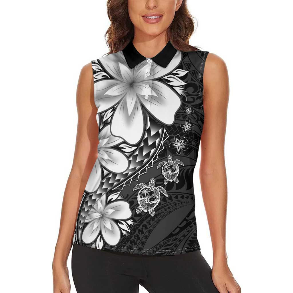 Polynesia Romantic Valentine Women Sleeveless Polo Shirt Sea Turtle Couple With Black Plumeria