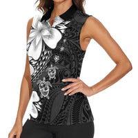 Polynesia Romantic Valentine Women Sleeveless Polo Shirt Sea Turtle Couple With Black Plumeria
