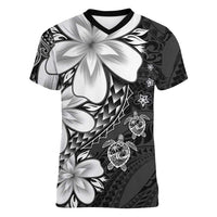 Polynesia Romantic Valentine Women V-Neck T-Shirt Sea Turtle Couple With Black Plumeria