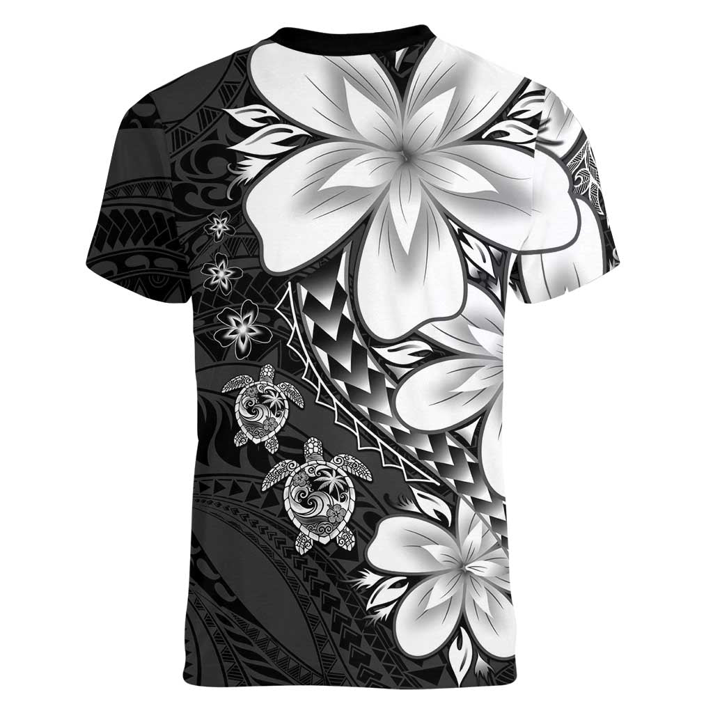 Polynesia Romantic Valentine Women V-Neck T-Shirt Sea Turtle Couple With Black Plumeria