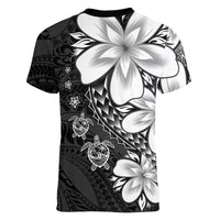 Polynesia Romantic Valentine Women V-Neck T-Shirt Sea Turtle Couple With Black Plumeria
