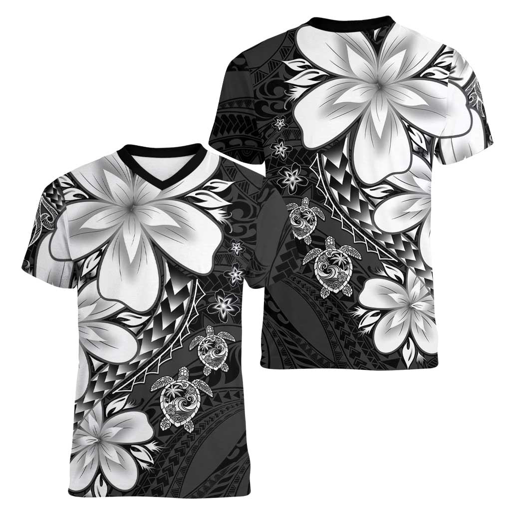 Polynesia Romantic Valentine Women V-Neck T-Shirt Sea Turtle Couple With Black Plumeria