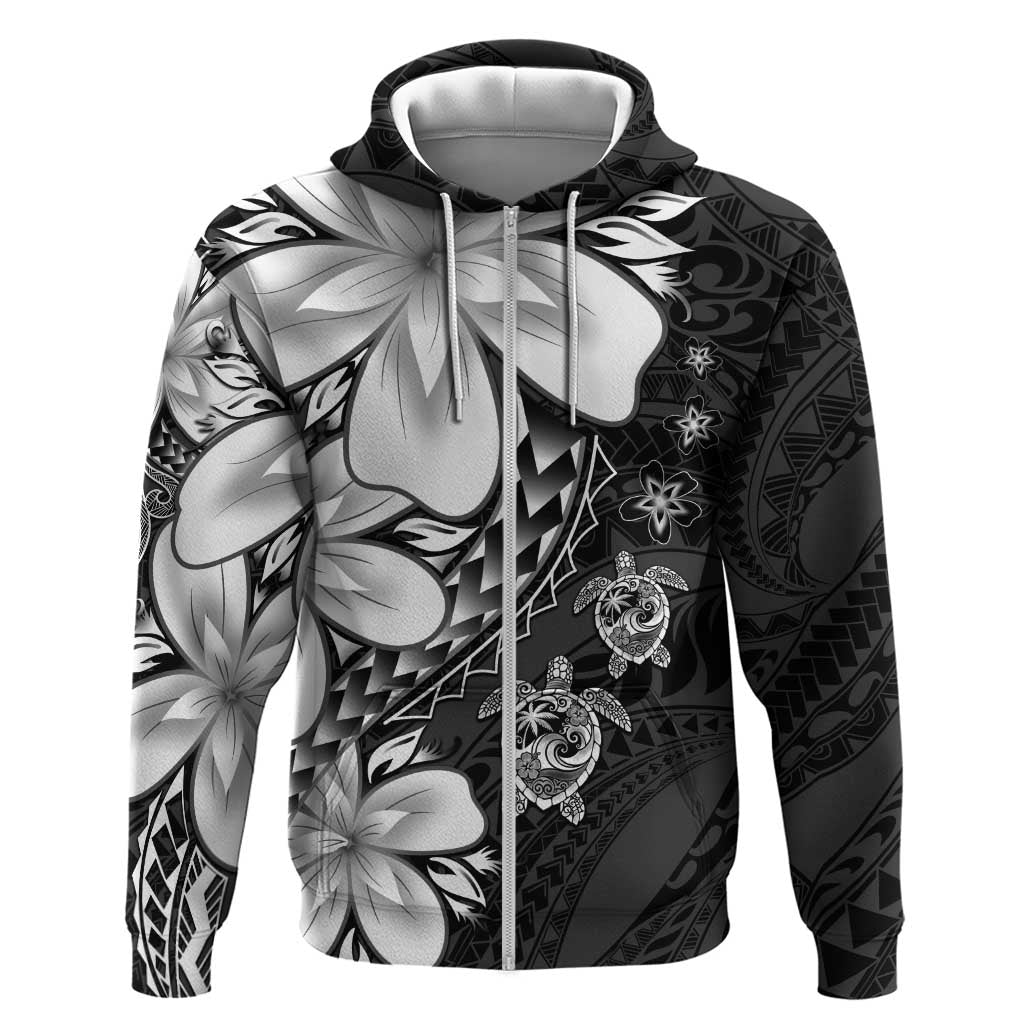 Polynesia Romantic Valentine Zip Hoodie Sea Turtle Couple With Black Plumeria