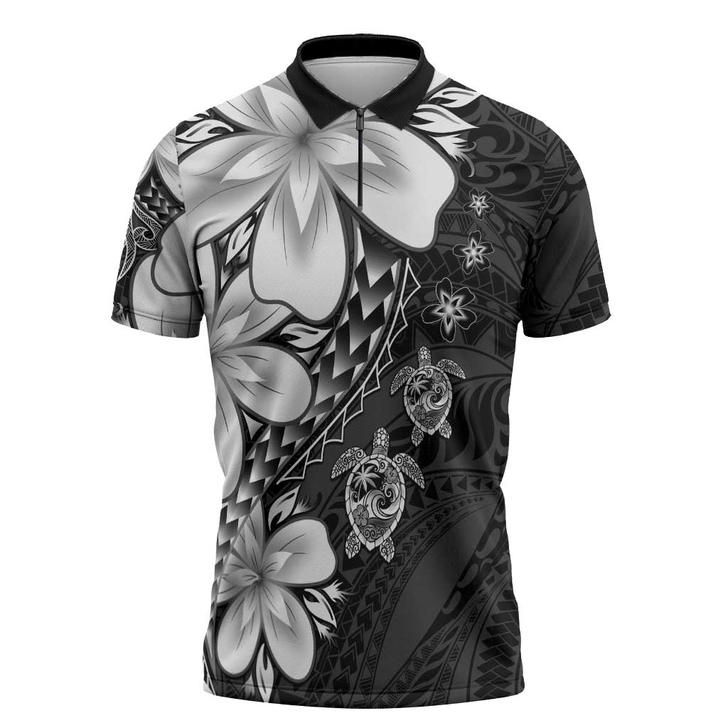 Polynesia Romantic Valentine Zipper Polo Shirt Sea Turtle Couple With Black Plumeria