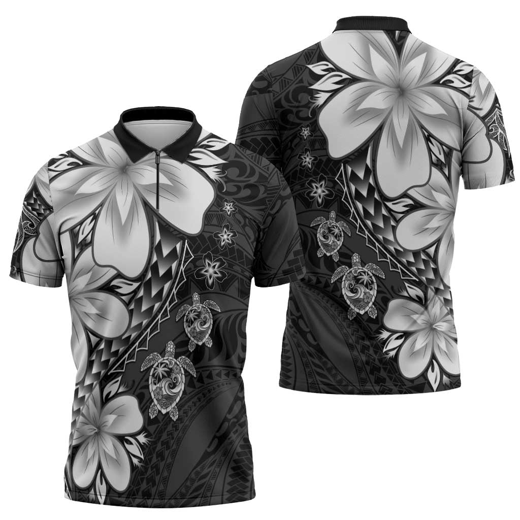 Polynesia Romantic Valentine Zipper Polo Shirt Sea Turtle Couple With Black Plumeria