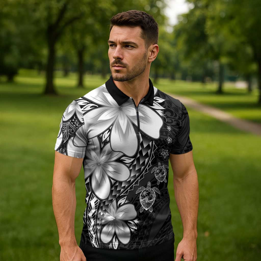 Polynesia Romantic Valentine Zipper Polo Shirt Sea Turtle Couple With Black Plumeria