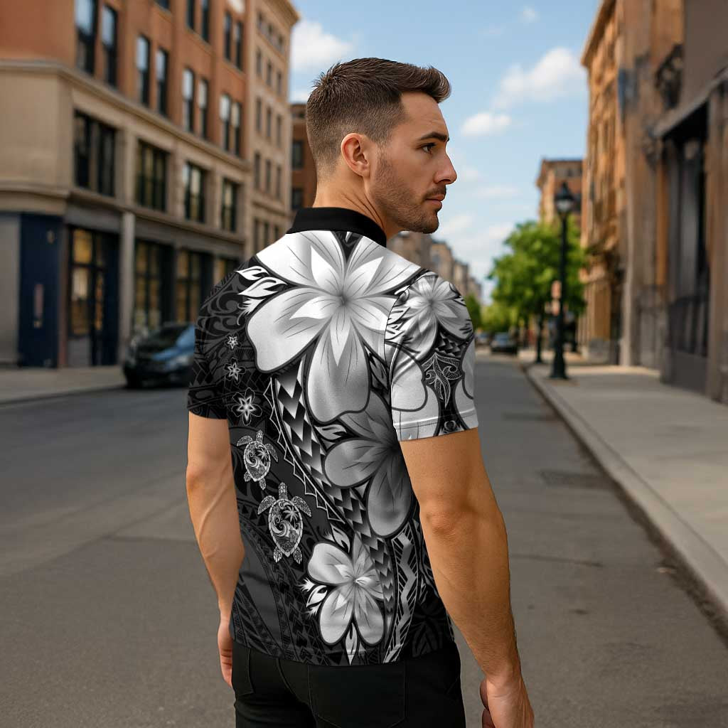 Polynesia Romantic Valentine Zipper Polo Shirt Sea Turtle Couple With Black Plumeria