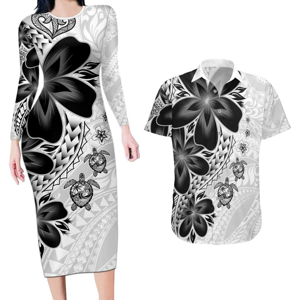 Polynesia Romantic Valentine Couples Matching Long Sleeve Bodycon Dress and Hawaiian Shirt Sea Turtle Couple With White Plumeria LT05 White - Polynesian Pride