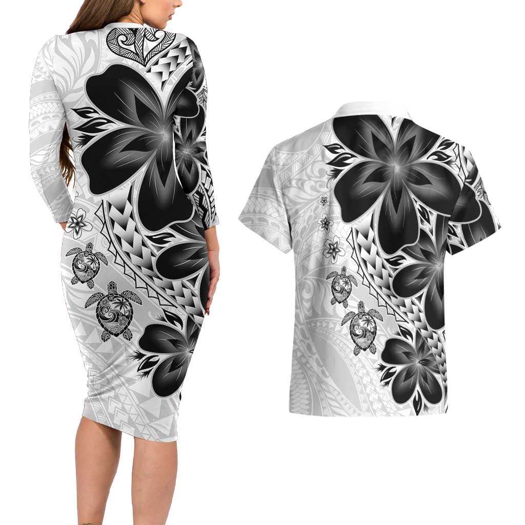 Polynesia Romantic Valentine Couples Matching Long Sleeve Bodycon Dress and Hawaiian Shirt Sea Turtle Couple With White Plumeria LT05 - Polynesian Pride