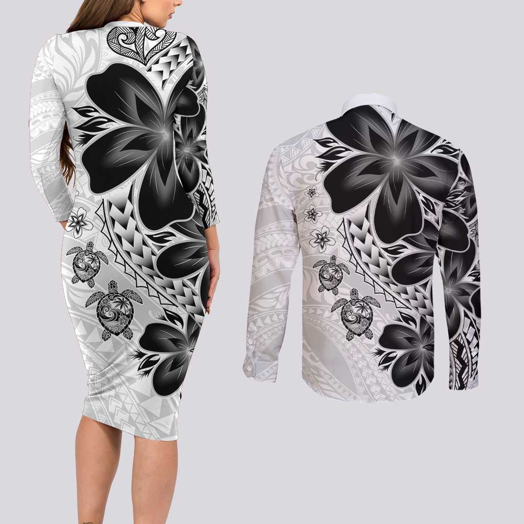 Polynesia Romantic Valentine Couples Matching Long Sleeve Bodycon Dress and Long Sleeve Button Shirt Sea Turtle Couple With White Plumeria