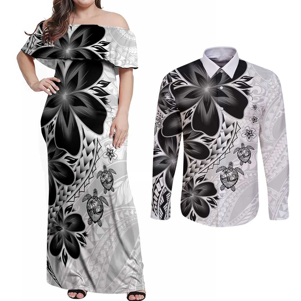 Polynesia Romantic Valentine Couples Matching Off Shoulder Maxi Dress and Long Sleeve Button Shirt Sea Turtle Couple With White Plumeria