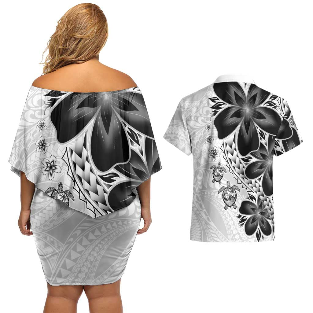 Polynesia Romantic Valentine Couples Matching Off Shoulder Short Dress and Hawaiian Shirt Sea Turtle Couple With White Plumeria
