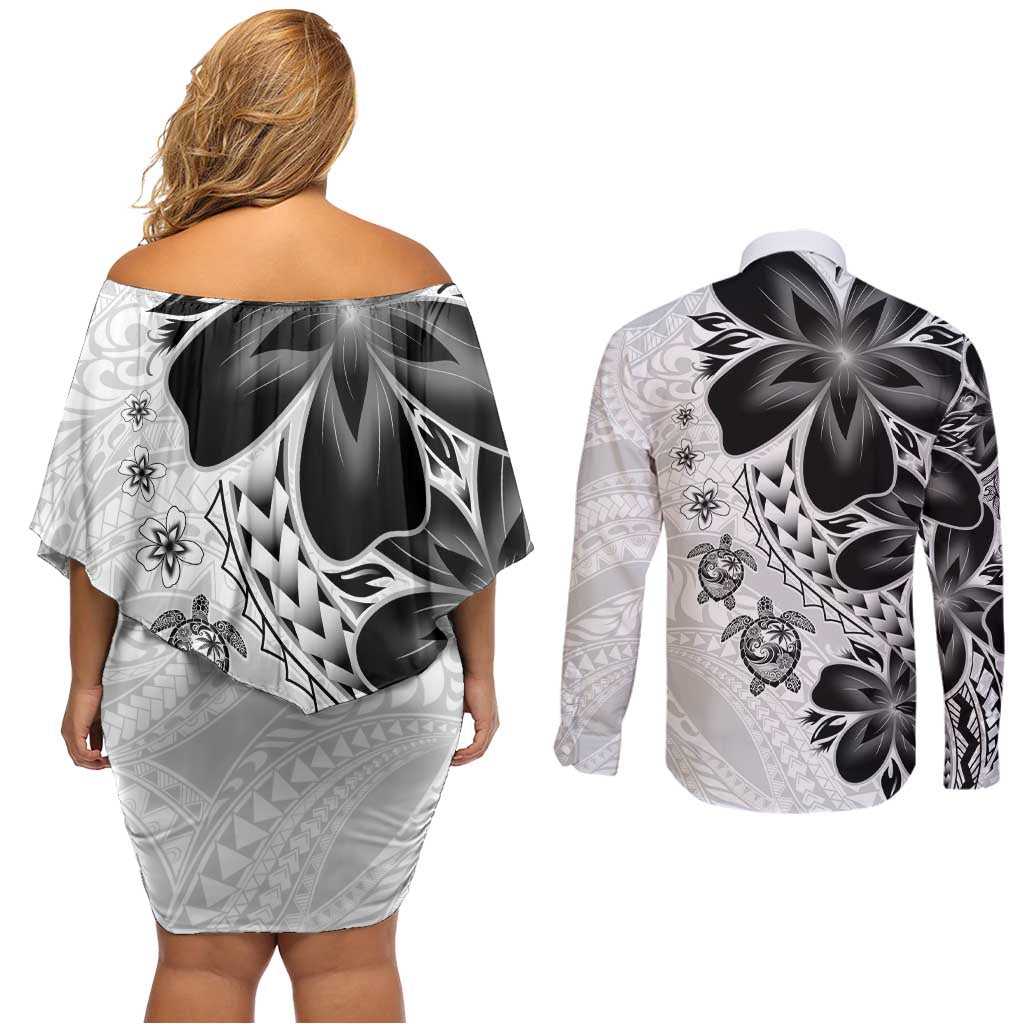 Polynesia Romantic Valentine Couples Matching Off Shoulder Short Dress and Long Sleeve Button Shirt Sea Turtle Couple With White Plumeria