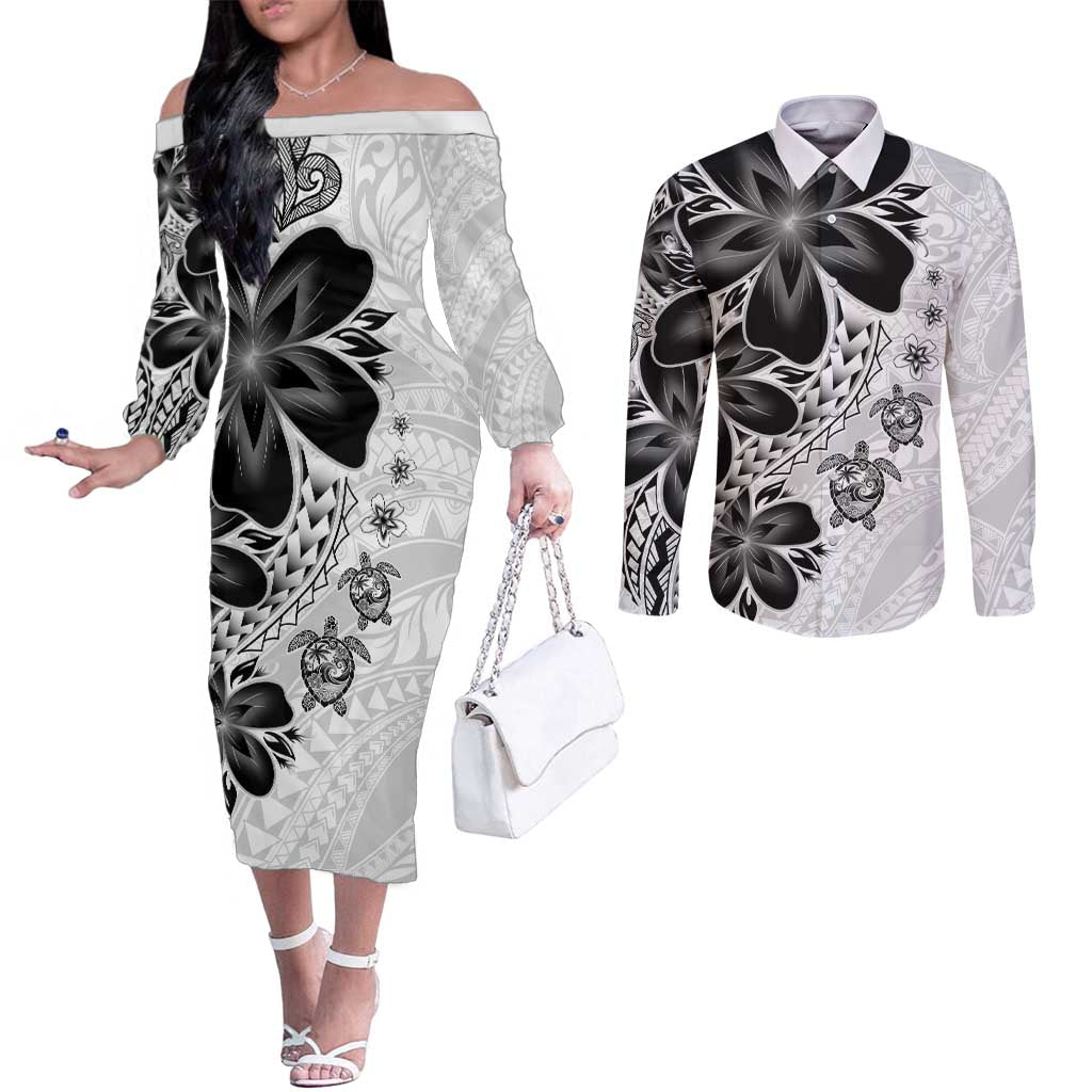 Polynesia Romantic Valentine Couples Matching Off The Shoulder Long Sleeve Dress and Long Sleeve Button Shirt Sea Turtle Couple With White Plumeria
