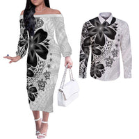 Polynesia Romantic Valentine Couples Matching Off The Shoulder Long Sleeve Dress and Long Sleeve Button Shirt Sea Turtle Couple With White Plumeria