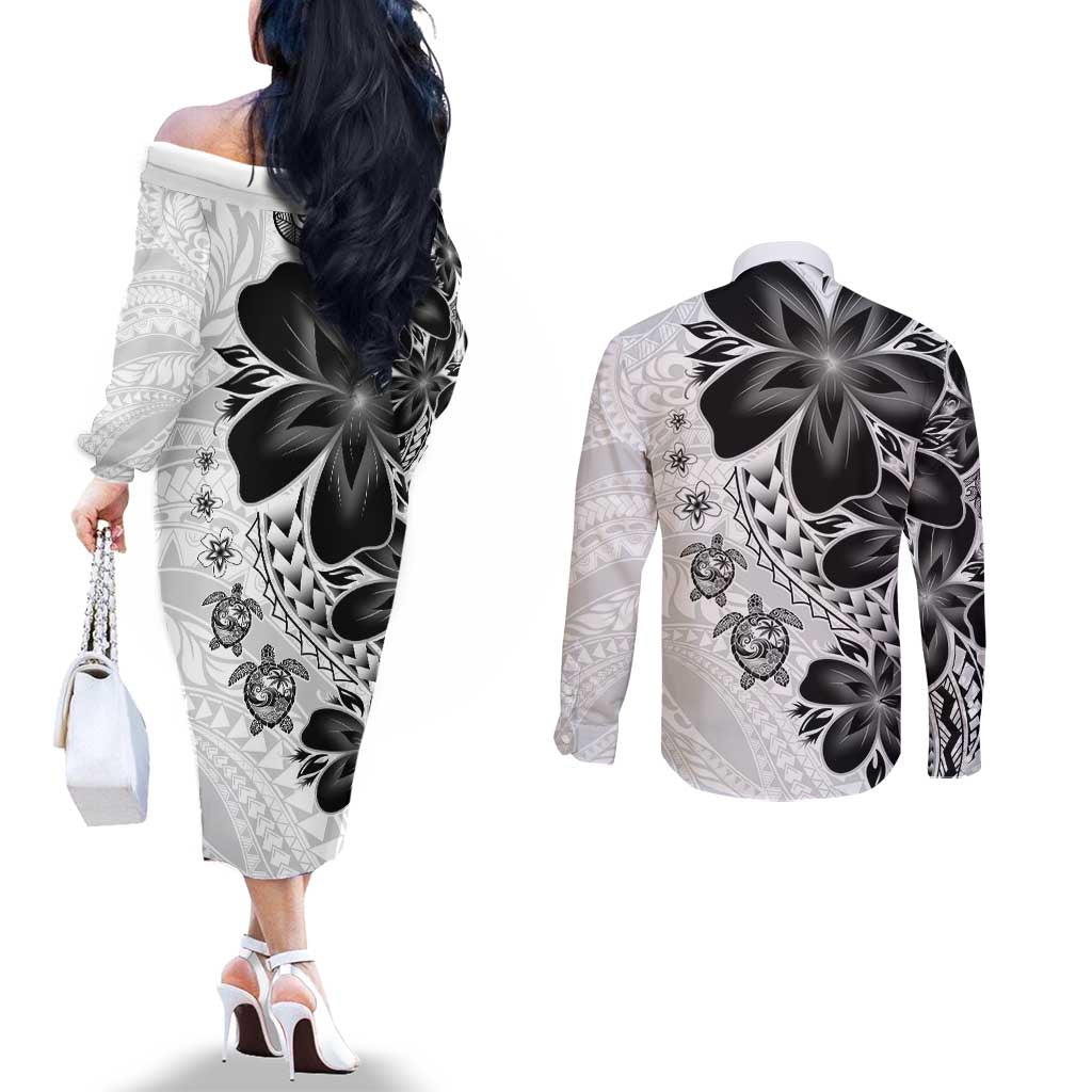 Polynesia Romantic Valentine Couples Matching Off The Shoulder Long Sleeve Dress and Long Sleeve Button Shirt Sea Turtle Couple With White Plumeria