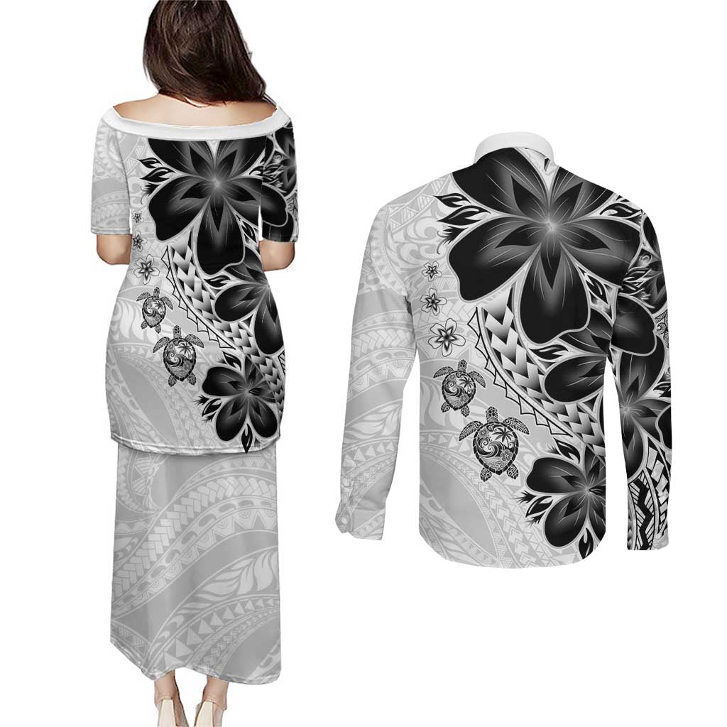 Polynesia Romantic Valentine Couples Matching Puletasi and Long Sleeve Button Shirt Sea Turtle Couple With White Plumeria