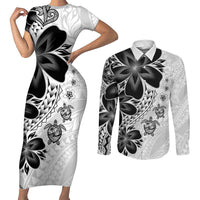 Polynesia Romantic Valentine Couples Matching Short Sleeve Bodycon Dress and Long Sleeve Button Shirt Sea Turtle Couple With White Plumeria