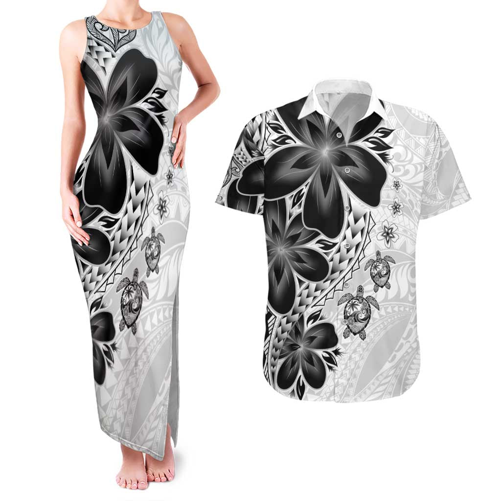 Polynesia Romantic Valentine Couples Matching Tank Maxi Dress and Hawaiian Shirt Sea Turtle Couple With White Plumeria