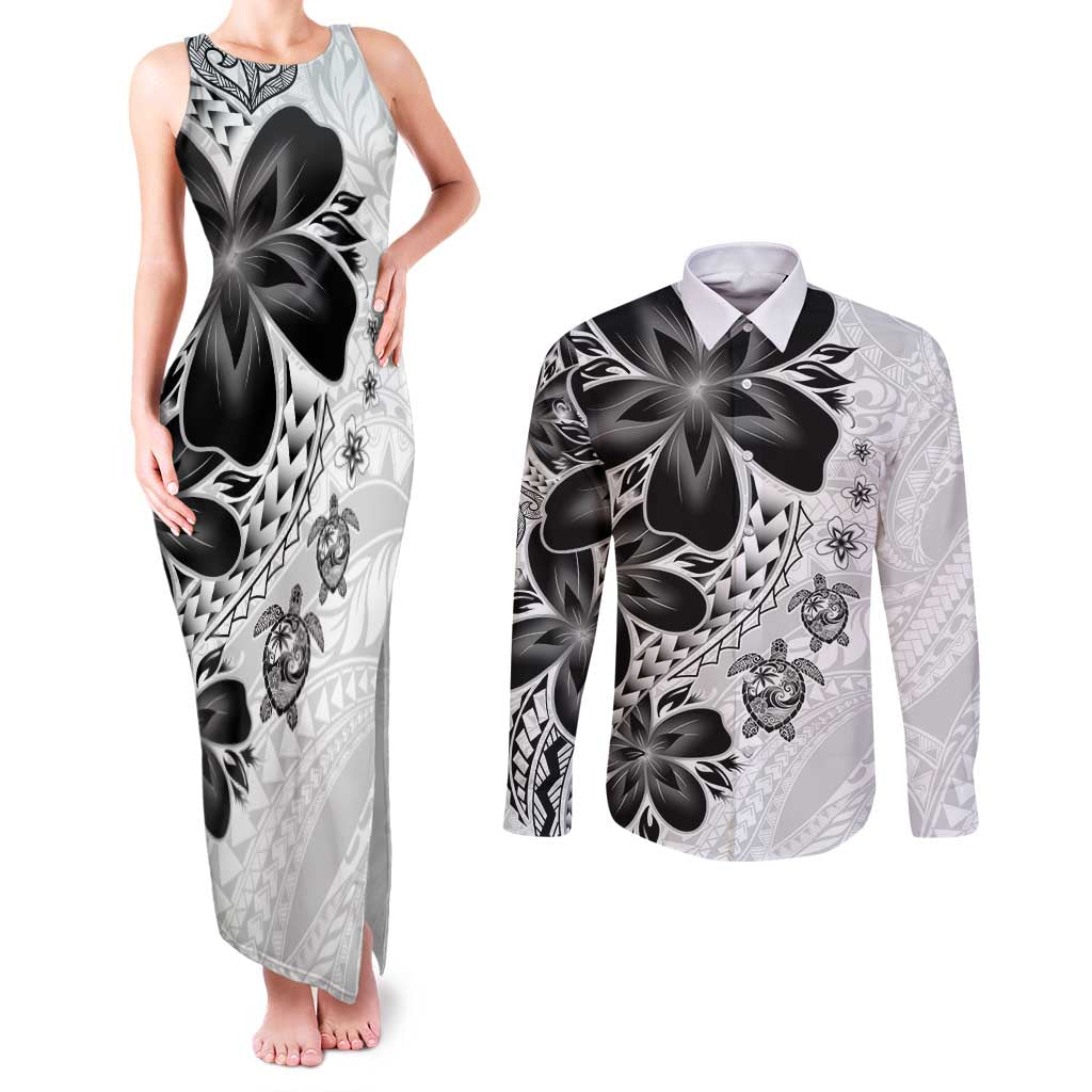 Polynesia Romantic Valentine Couples Matching Tank Maxi Dress and Long Sleeve Button Shirt Sea Turtle Couple With White Plumeria
