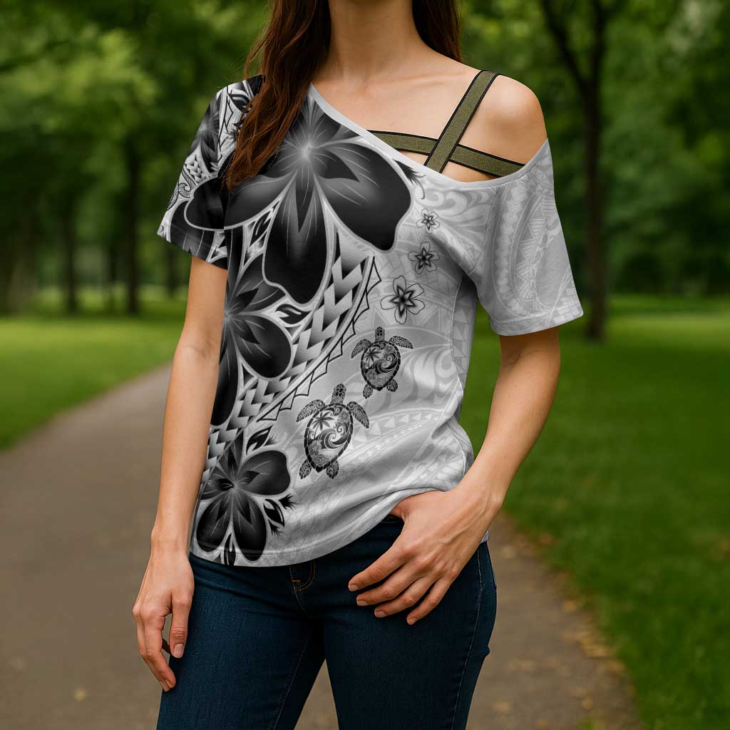 Polynesia Romantic Valentine Cross Shoulder Shirt Sea Turtle Couple With White Plumeria