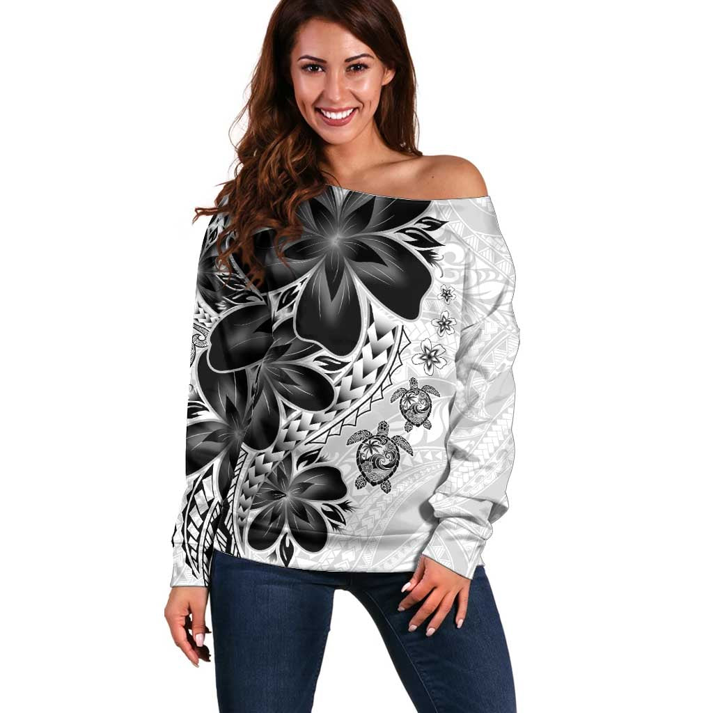 Polynesia Romantic Valentine Off Shoulder Sweater Sea Turtle Couple With White Plumeria
