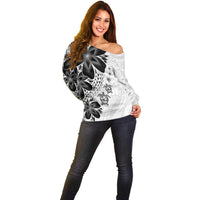 Polynesia Romantic Valentine Off Shoulder Sweater Sea Turtle Couple With White Plumeria