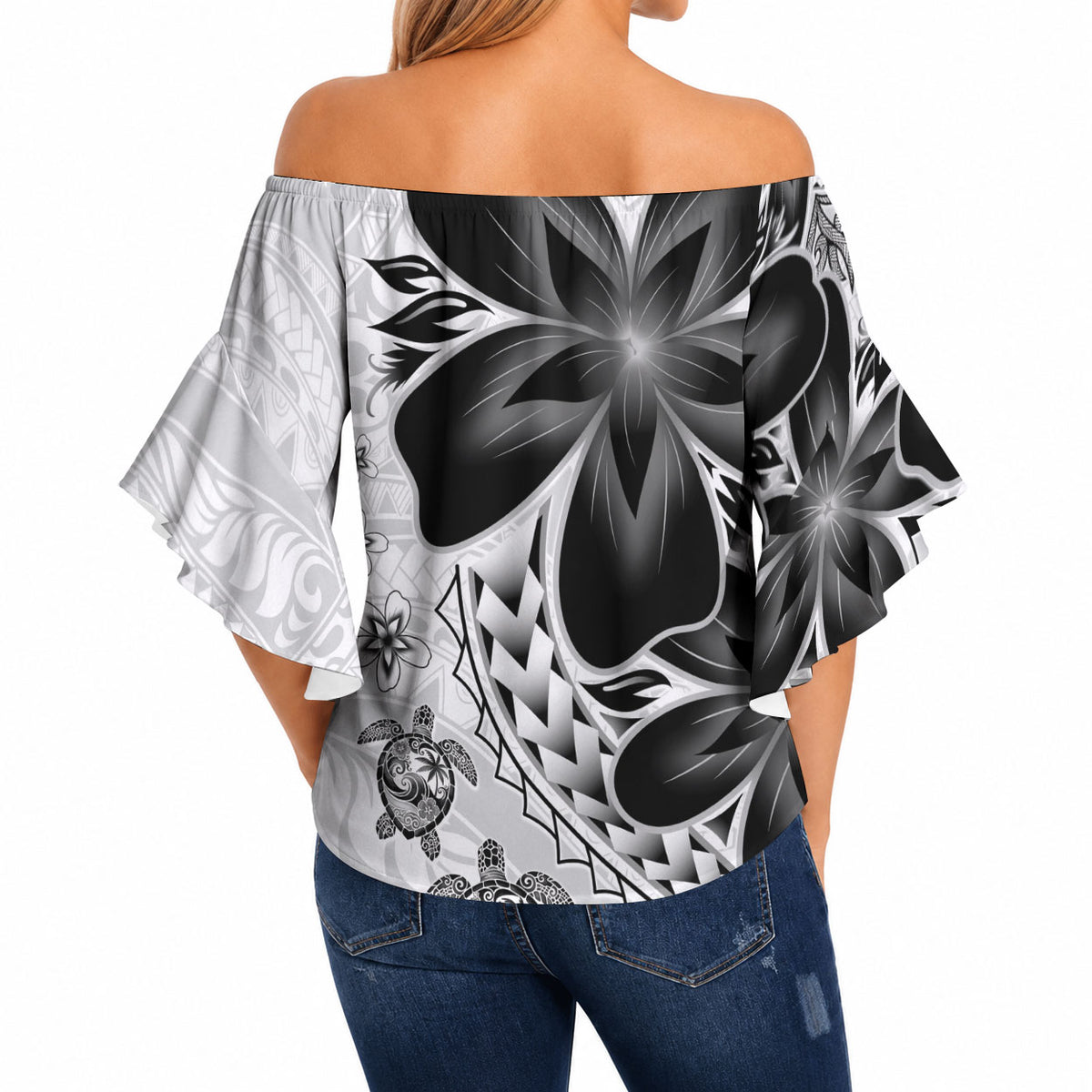 Polynesia Romantic Valentine Off Shoulder Wrap Waist Top Sea Turtle Couple With White Plumeria LT05 - Polynesian Pride
