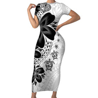 Polynesia Romantic Valentine Short Sleeve Bodycon Dress Sea Turtle Couple With White Plumeria