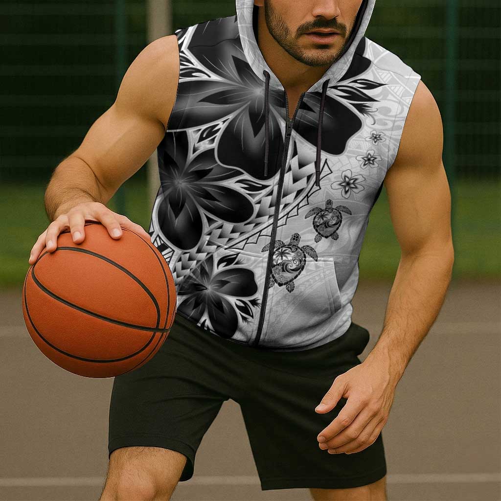 Polynesia Romantic Valentine Sleeveless Zip Hoodie Sea Turtle Couple With White Plumeria