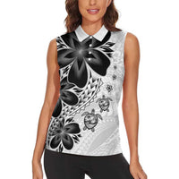 Polynesia Romantic Valentine Women Sleeveless Polo Shirt Sea Turtle Couple With White Plumeria