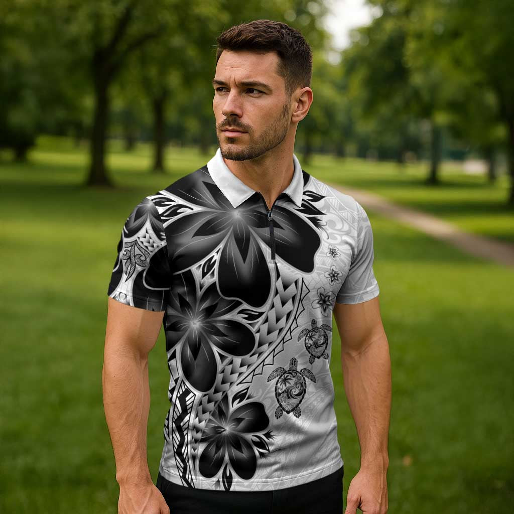 Polynesia Romantic Valentine Zipper Polo Shirt Sea Turtle Couple With White Plumeria