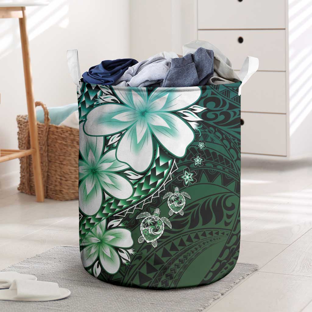 Polynesia Romantic Valentine Laundry Basket Sea Turtle Couple With Aqua Gradient Plumeria