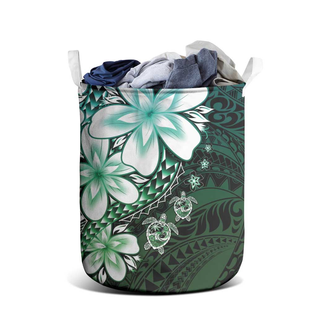 Polynesia Romantic Valentine Laundry Basket Sea Turtle Couple With Aqua Gradient Plumeria