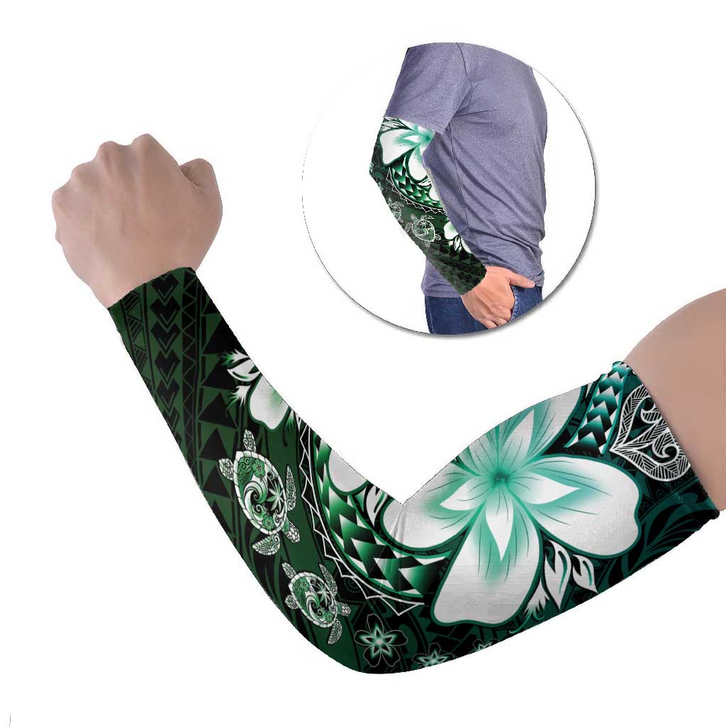 Polynesia Romantic Valentine Arm Sleeves Sea Turtle Couple With Aqua Gradient Plumeria