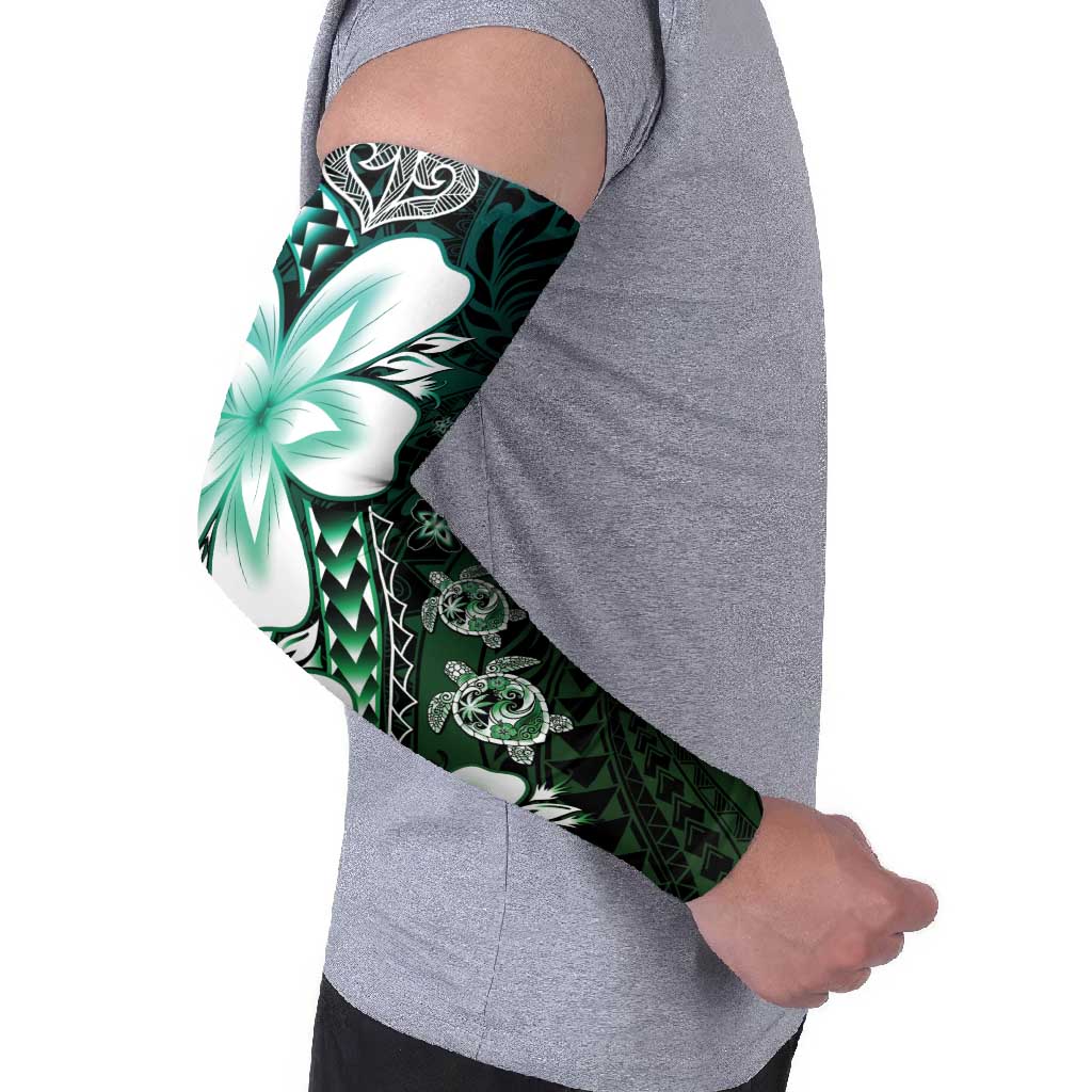 Polynesia Romantic Valentine Arm Sleeves Sea Turtle Couple With Aqua Gradient Plumeria