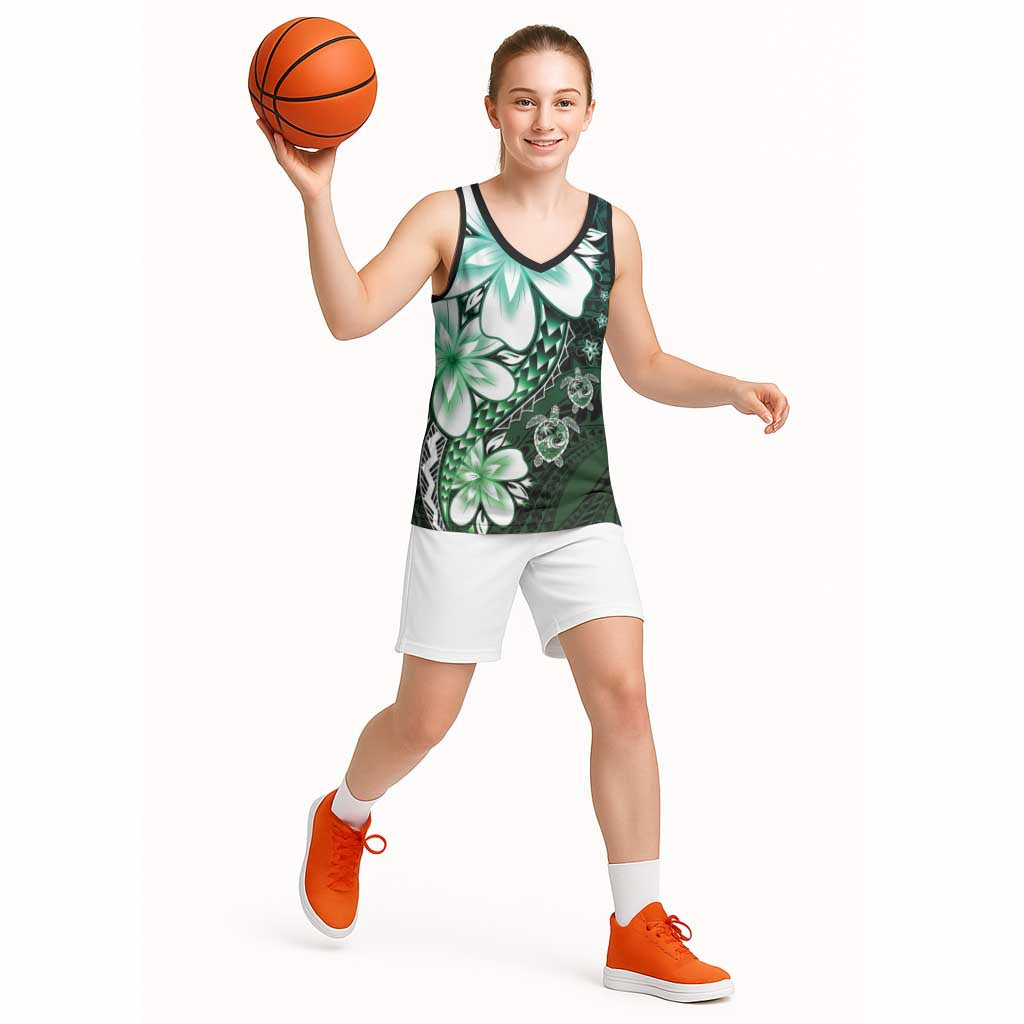 Polynesia Romantic Valentine Basketball Jersey Sea Turtle Couple With Aqua Gradient Plumeria