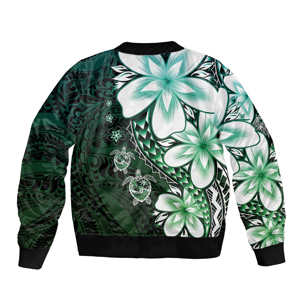 Polynesia Romantic Valentine Bomber Jacket Sea Turtle Couple With Aqua Gradient Plumeria