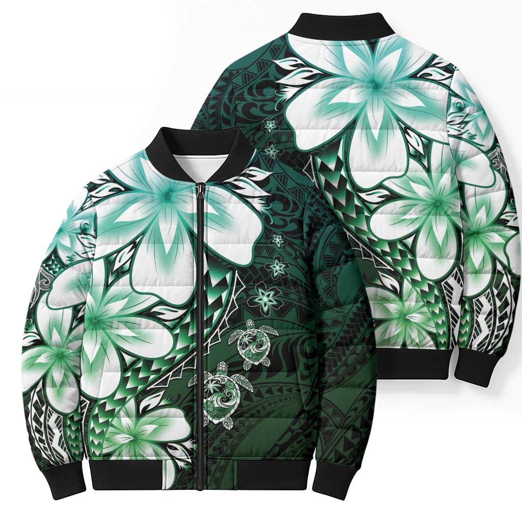 Polynesia Romantic Valentine Bomber Puffer Jacket Sea Turtle Couple With Aqua Gradient Plumeria