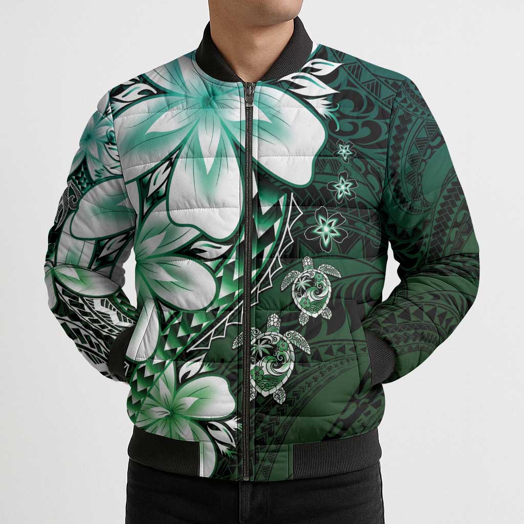 Polynesia Romantic Valentine Bomber Puffer Jacket Sea Turtle Couple With Aqua Gradient Plumeria