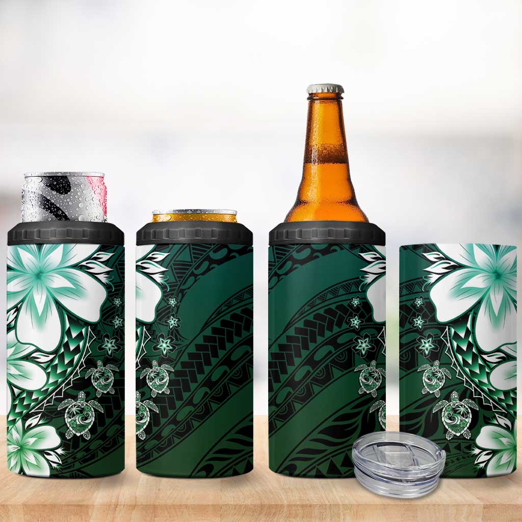 Polynesia Romantic Valentine 4 in 1 Can Cooler Tumbler Sea Turtle Couple With Aqua Gradient Plumeria