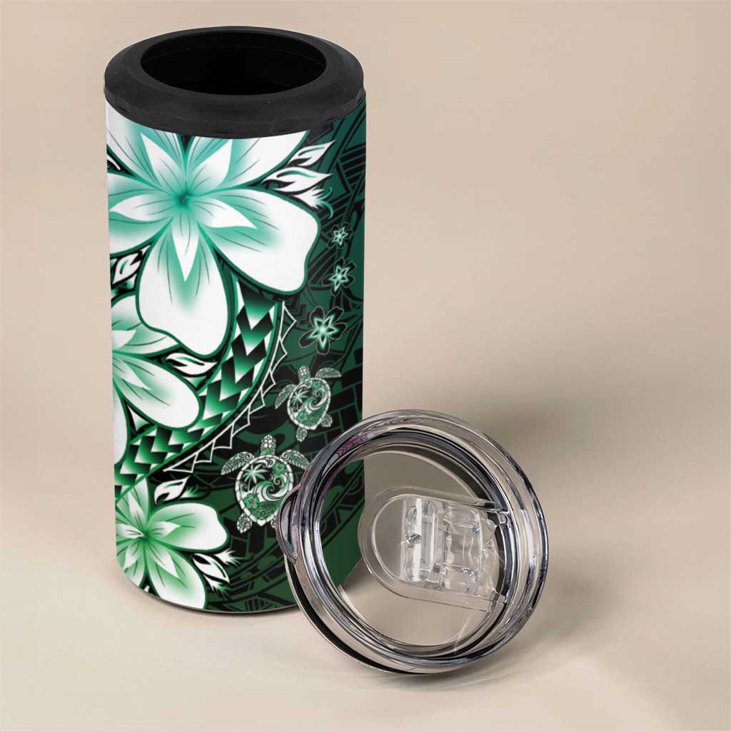 Polynesia Romantic Valentine 4 in 1 Can Cooler Tumbler Sea Turtle Couple With Aqua Gradient Plumeria
