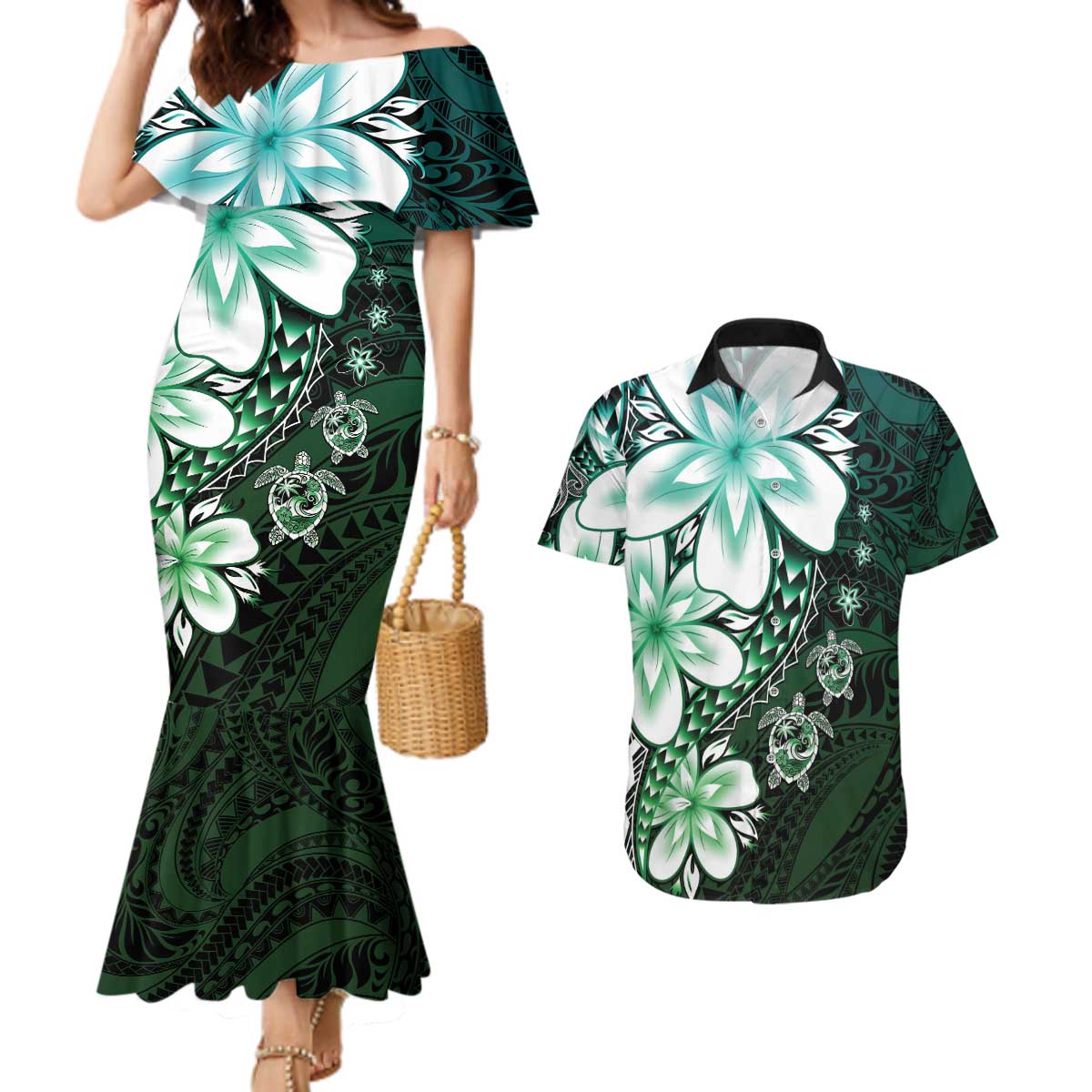 Polynesia Romantic Valentine Couples Matching Mermaid Dress and Hawaiian Shirt Sea Turtle Couple With Aqua Gradient Plumeria